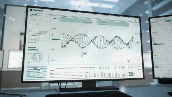 Advanced software of DNA analysis at big computer screen with keyboard on desk alt