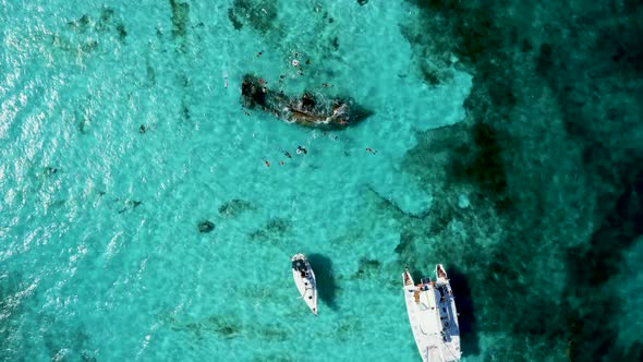 Aerial View of Snorkeling in the Caribbean Sea Near the Sinked Ship