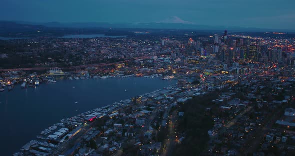 Seattle Aerial West Lake Union Queen Anne Hill City Skyline Mount Rainer Dusk Evening Building