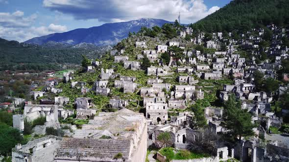 Drone view on world famous Kayakoy ghost town near to Olludeniz, Fethiye.