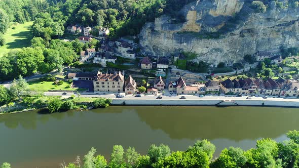 Village of La Roque-Gageac in Perigord in France seen from the sky