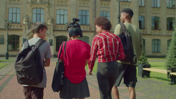 Back View of Diverse Multicultural College Friends Walking Together to Study alt