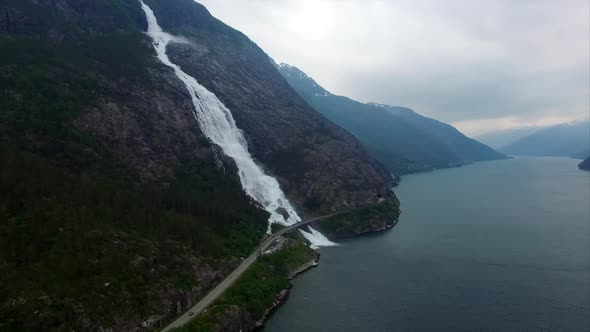 Huge Langfossen waterfalls in Norway, aerial footage, aerial footage