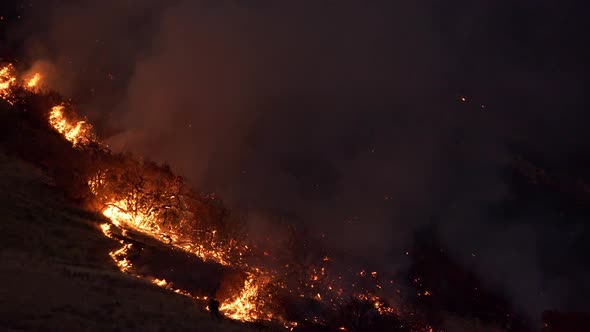 Wildfire burning on mountainside as firefighter works the boarder