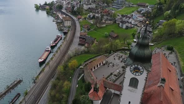 Aerial video of the Fluelen church in Switzerland. 