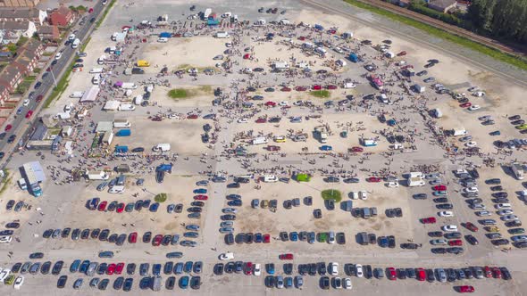 Aerial static hyper-lapse of a busy market in Hull after the Covid 19 restrictions was lifted in the