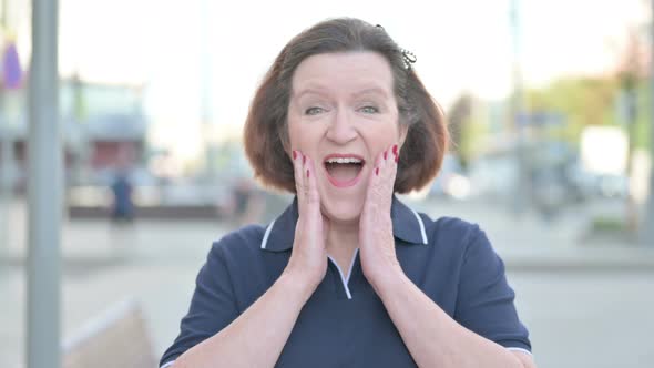 Portrait of Excited Old Woman Celebrating Success Outdoor