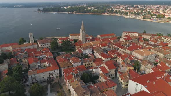 Aerial view of Euphrasian Basilica of Porec, Parenzo at evening