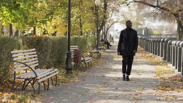 Park Walk Autumn Fashion Cheerful Man Embankment