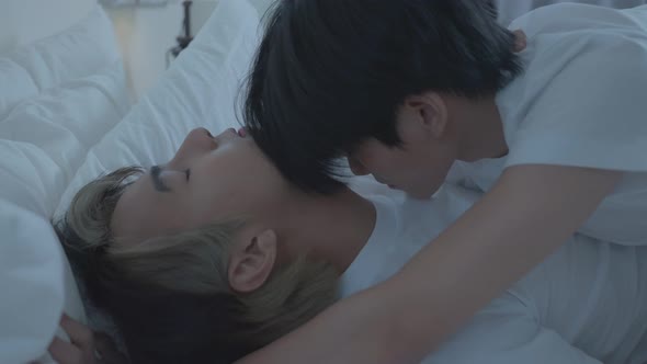 Asian attractive male LQBTQ couple starting foreplay, having sex in dark night room in house.