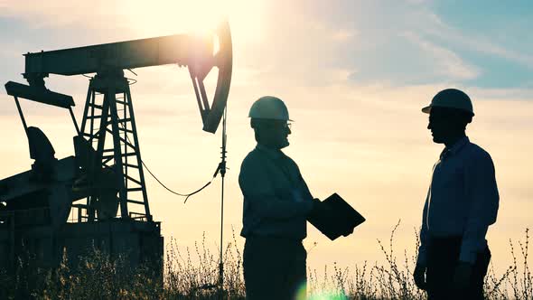 Oil Pumping Construction and Two Engineers Shaking Hands Near It