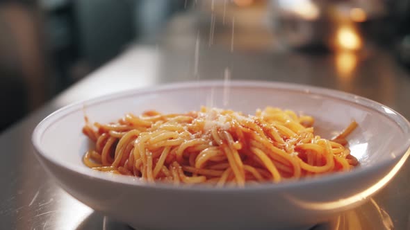 Chef Cooking Bolognese Fresh Pasta with Tomato Sause Man Making Traditional Italian Dinner on