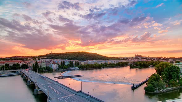 The View on Prague Hill Petrin Timelapse with Owl's Mills After Sunset with Beautiful Colorful Sky