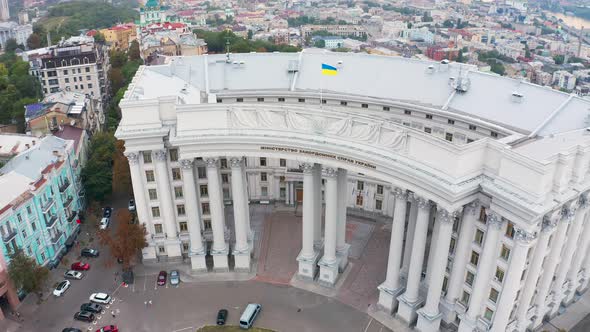 Aerial View of the Ministry of Foreign Affairs of Ukraine in Kiev. Podil District on the Background