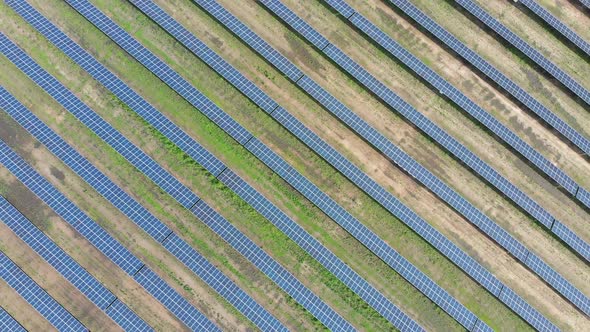 Aerial Top View on Solar Power Station in Green Field on Sunny Day. Solar Farm