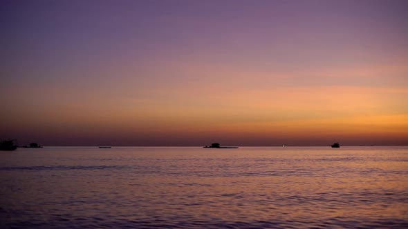 Slowmotion Peaceful Sunset Landscape China Sea Scenery Fishing Boats Silhouettes Sailing Harbour