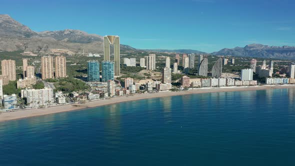 Spanish City Benidorm Buildings and Sandy Beach Poniente. Aerial View