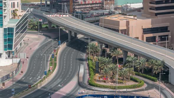 Aerial View to Dubai Marina Skyscrapers with Construction Site and Palm Jumeirah Island on