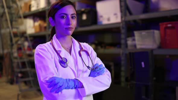 Woman doctor standing with arms folded as emergency lights are flashing