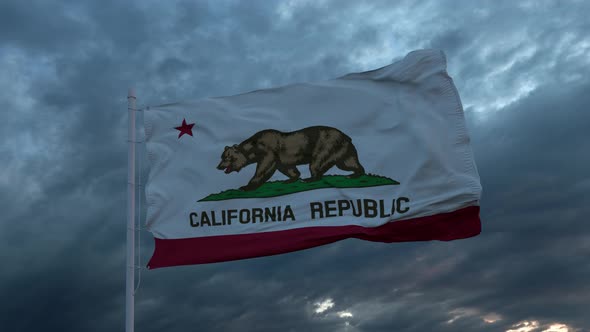 Realistic Flag of California Waving in the Wind Against Deep Heavy Stormy Sky