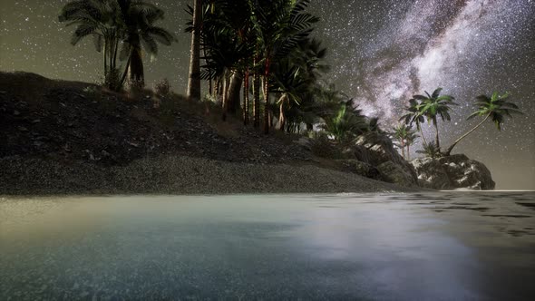 Beautiful Fantasy Tropical Beach with Milky Way Star in Night Skies