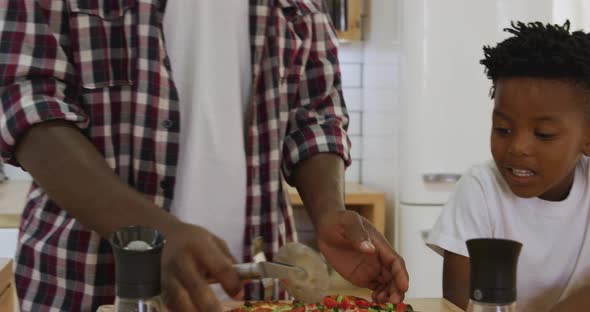 Father and son cooking together