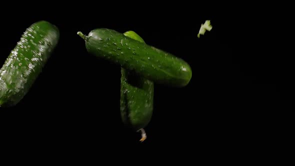 Wet Fresh Three Cucumbers Fly Up and Spinning on a Black Background in Slow Motion Shot