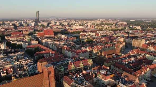Flying over Wroclaw city centre, Poland