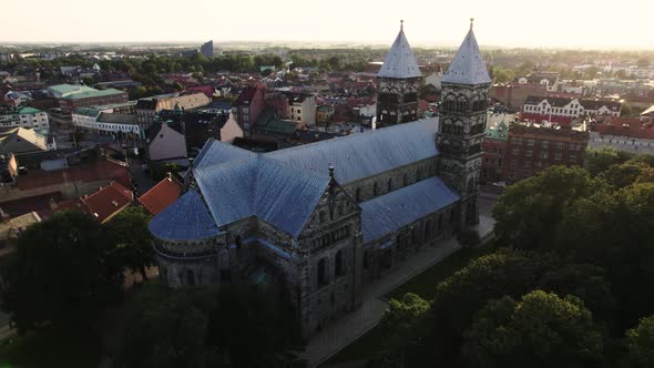 Drone slowly circling Lund Cathedral, Sweden