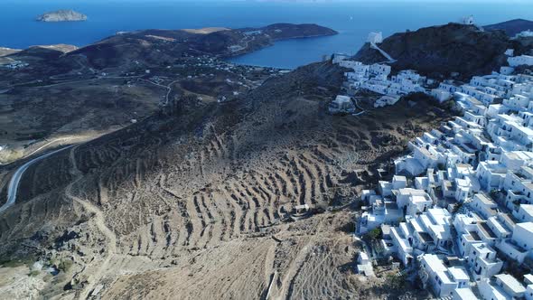 Village of Chora on the island of Serifos in the Cyclades in Greece from the sky