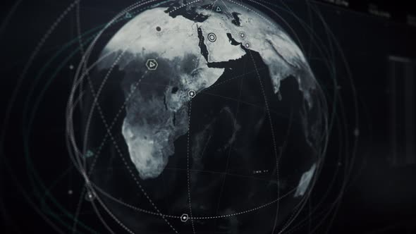 Grayscale 3D Earth Model. Selection And Tracking Points On The orbital Routes. alt