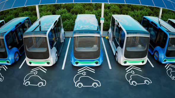Electric cars charging station. Minibuses stopped to charge the batteries.