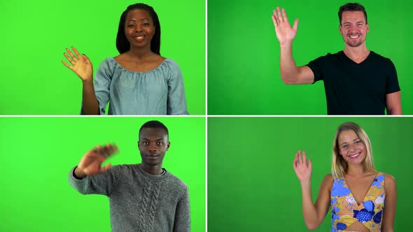  Compilation (Montage) - Four People Wave and Smile at the Camera - Green Screen