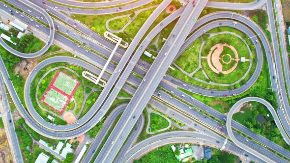 Stunning Aerial view drone shot above freeway traffic