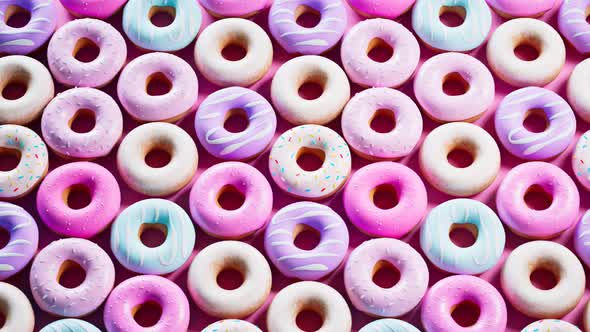 Pastel, colorful glazed donuts. Seamless looping animation. Sweet dessert.