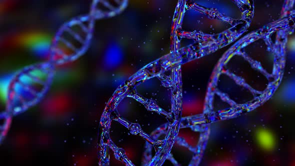 Abstract DNA on a Dark Background. The DNA Hologram Glows and Shimmers with Iridescent Colors alt