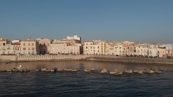 Drone Flies Above the Ortygia Ortigia Island in Province of Siracusa  in Sicily Italy