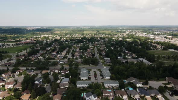 Aerial flyover suburban Neighborhood in Welland during sunny day,Canada