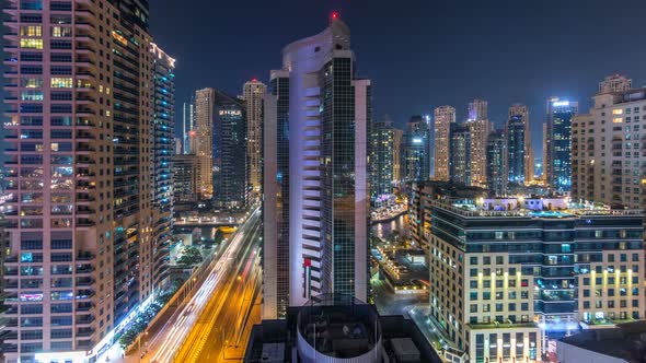 Aerial View of Dubai Marina From a Vantage Point Night Timelapse