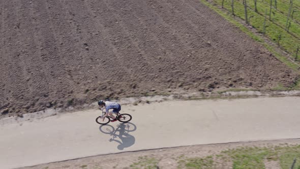 Sporty man riding his racing bicycle through vineyards in Germany