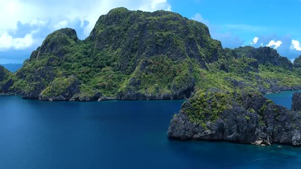 Wide Aerial shot of large island in El Nido, Palawan, Philippines