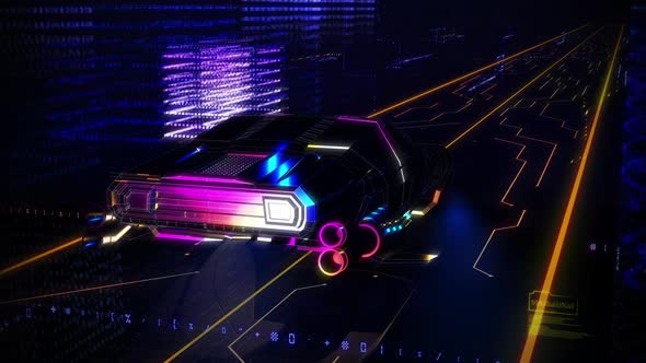 Virtual Reality. 3D Futuristic Car is Slowly Passing Through the Digital Space. alt