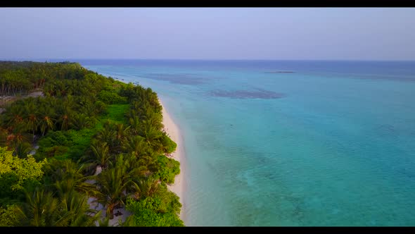 Aerial drone shot tourism of marine coast beach adventure by aqua blue sea with white sandy backgrou