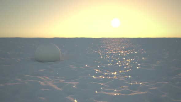 3D animation  Glimmer Of The Sun On The Snow . Polar Landscape, Snow Structure Igloo House
