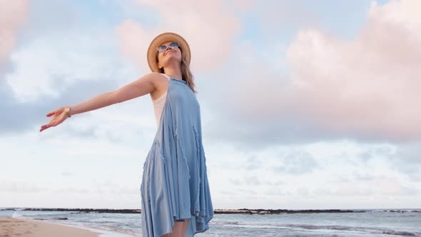 Smiling Woman Full of Joy and Positive Emotions at Morning Sky Motion Background