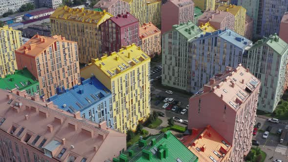 Top view of the colorful modern buildings, aerial footage from the drone 