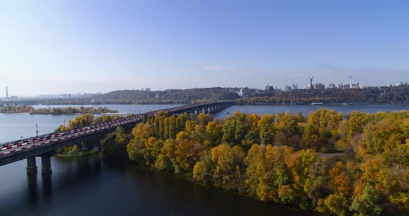 The Paton Bridge in Kyiv at Autumn Aerial Panorama View