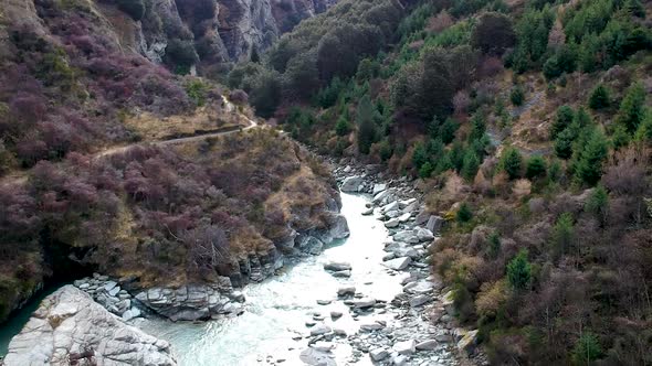 wide aerial shot of Skippers canyon and Shotover River in Queenstown, Central Otago, New Zealand