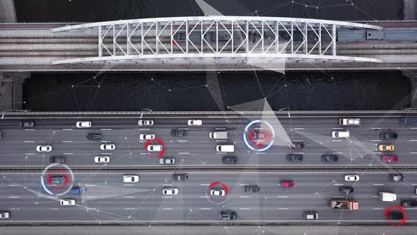 Autonomous Self Driving Car Moving on Highway. Futuristic City. Intelligence Scans Environment