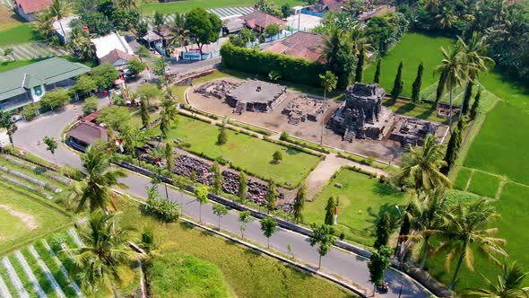 Panoramic aerial view of ancient Ngawen temple, Java, Indonesia on sunny day